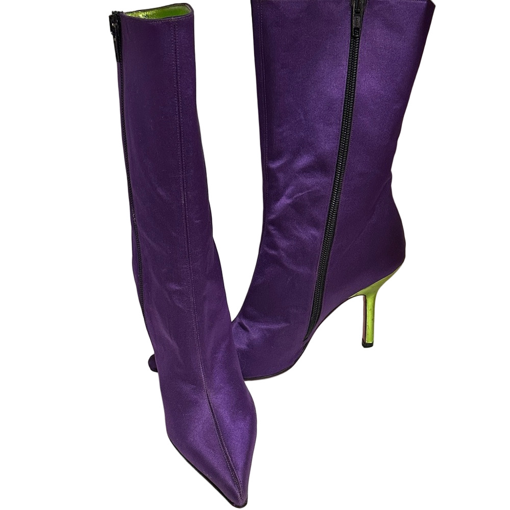 Emanuel Ungaro Purple Satin & Leather Stiletto Boots – Women’s Size 8 (EU 38.5)